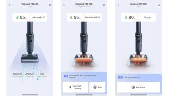 Capturas de pantalla de la app Roborock mostrando el modo de limpieza F25 Ace y los ajustes de autolimpieza
