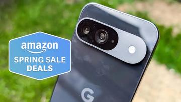 Google Pixel 9-smartphone vist med Amazon forårssalgs kampagnetag