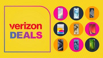 Logotipo da Verizon exibido sobre um fundo amarelo com uma colagem de vários smartphones