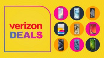 Logotipo da Verizon exibido sobre um fundo amarelo com uma colagem de vários smartphones