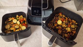Foto del prima e dopo di verdure cotte nella friggitrice ad aria Ninja Air Fryer Pro 4-in-1