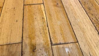 Marcas húmedas en el piso de madera después de ser limpiado por la aspiradora robot Roborock Q5 Pro Plus