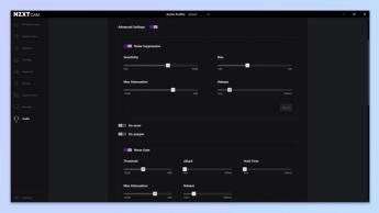 Screenshot der NZXT CAM-Software mit Anzeige der Audioeinstellungen, darunter Optionen zur Umgebungsgeräuschreduzierung und Gaming-Funktionen wie Hochpassfilter.