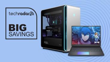 Alienware Area-51 gaming desktop og bærbar computer med blå baggrund og kampagnetilbudsoverlay