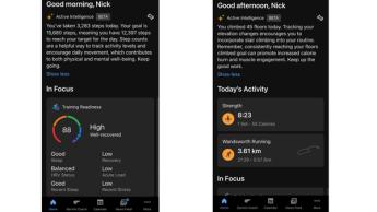 Interfaz de la aplicación Garmin Connect mostrando datos de seguimiento de salud y estado físico