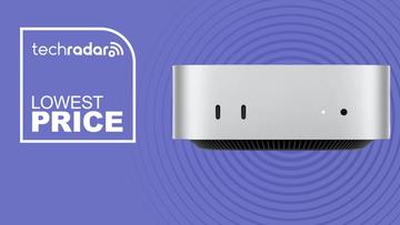 Apple Mac mini M4 på lilla baggrund med tekst om laveste pris