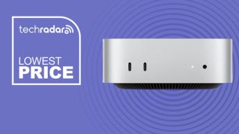 Apple Mac mini M4 på lilla baggrund med tekst om laveste pris