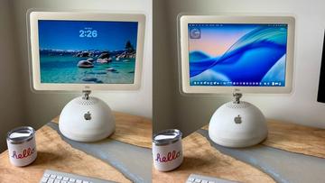 iMac G4 viser pauseskærmen Liquid Glass, drevet af en M1 Mac Mini