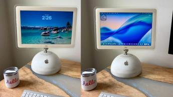 iMac G4 viser pauseskærmen Liquid Glass, drevet af en M1 Mac Mini