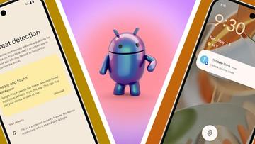 Två Android-smartphones som visar Android 16 bredvid Android-robotens logotyp mot en rosa och lila bakgrund
