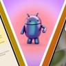 Två Android-smartphones som visar Android 16 bredvid Android-robotens logotyp mot en rosa och lila bakgrund
