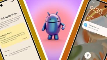 två Android-telefoner som kör Android 16 placerade på vardera sidan av Android-robotlogotypen mot en rosa och lila bakgrund
