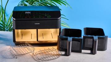 Fritadeira elétrica Cosori preta com cestos duplos, duas janelas de visualização, luzes internas, grelha e espetos para churrasco