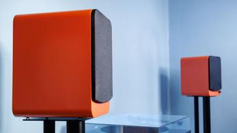 Ein Paar orangefarbene Kanto Ren Sneaker auf Ständern vor einer blauen Wand