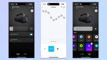 Drei Screenshots der Soundcore-App zeigen die EQ-Anpassung und die Farblichtshow-Funktionen für den Soundcore Boom 2 Plus Lautsprecher.