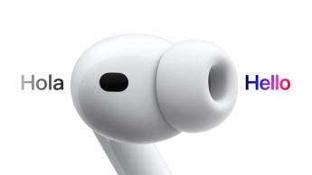 Apple AirPods Pro 3 com a palavra 'hola' em um lado e 'hello' no outro, ilustrando a tradução de idiomas em tempo real.