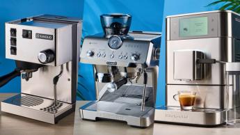 Imagem composta das máquinas de espresso Rancilio, KitchenAid e DeLonghi