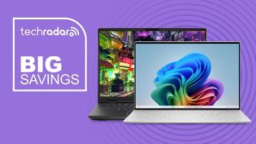 Dell XPS 13 og Alienware M16 bærbare computere vist på en lilla baggrund med tekst om store besparelser