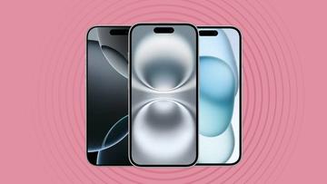 Apple iPhone 16, iPhone 16 Pro och iPhone 15-smartphones visas mot en rosa bakgrund