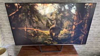 Телевизор Metz MQE7600 4K с изображением трицератопса на экране, установлен на деревянной поверхности перед кирпичной стеной
