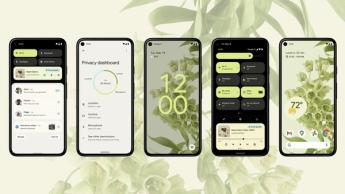 Android 12 screenshots showing widgets and toggle switches.