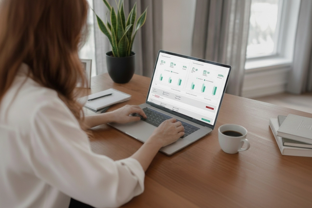 Front desk professional reviewing call performance on a laptop