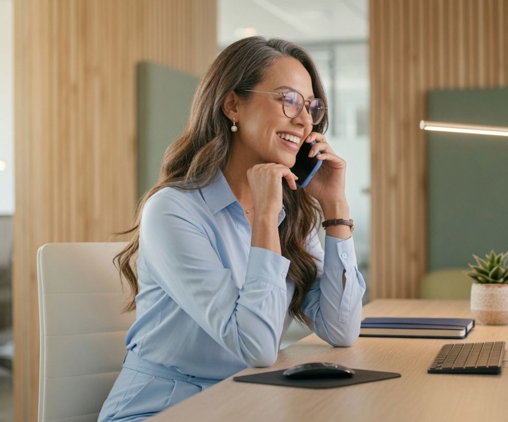 Smiling woman taking a new patient call at her desk
