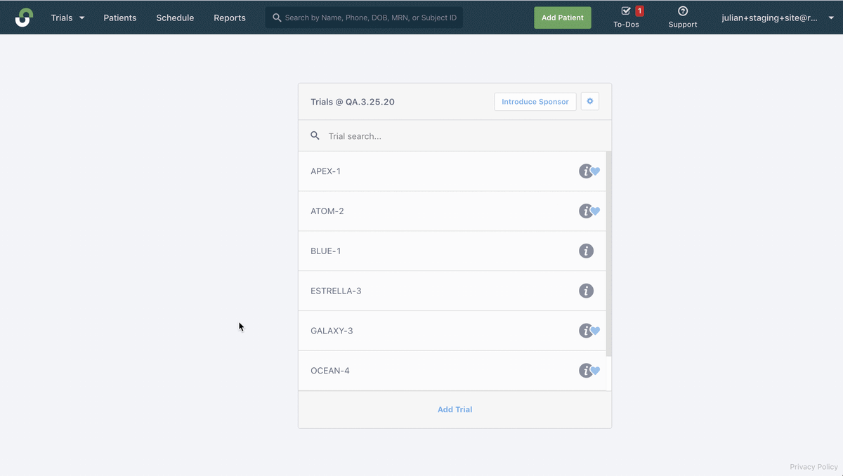 Gif of adding a new trial in StudyTeam