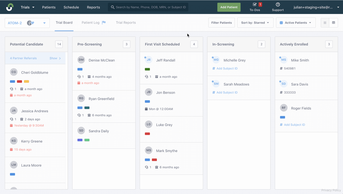 Trial board spreadsheet