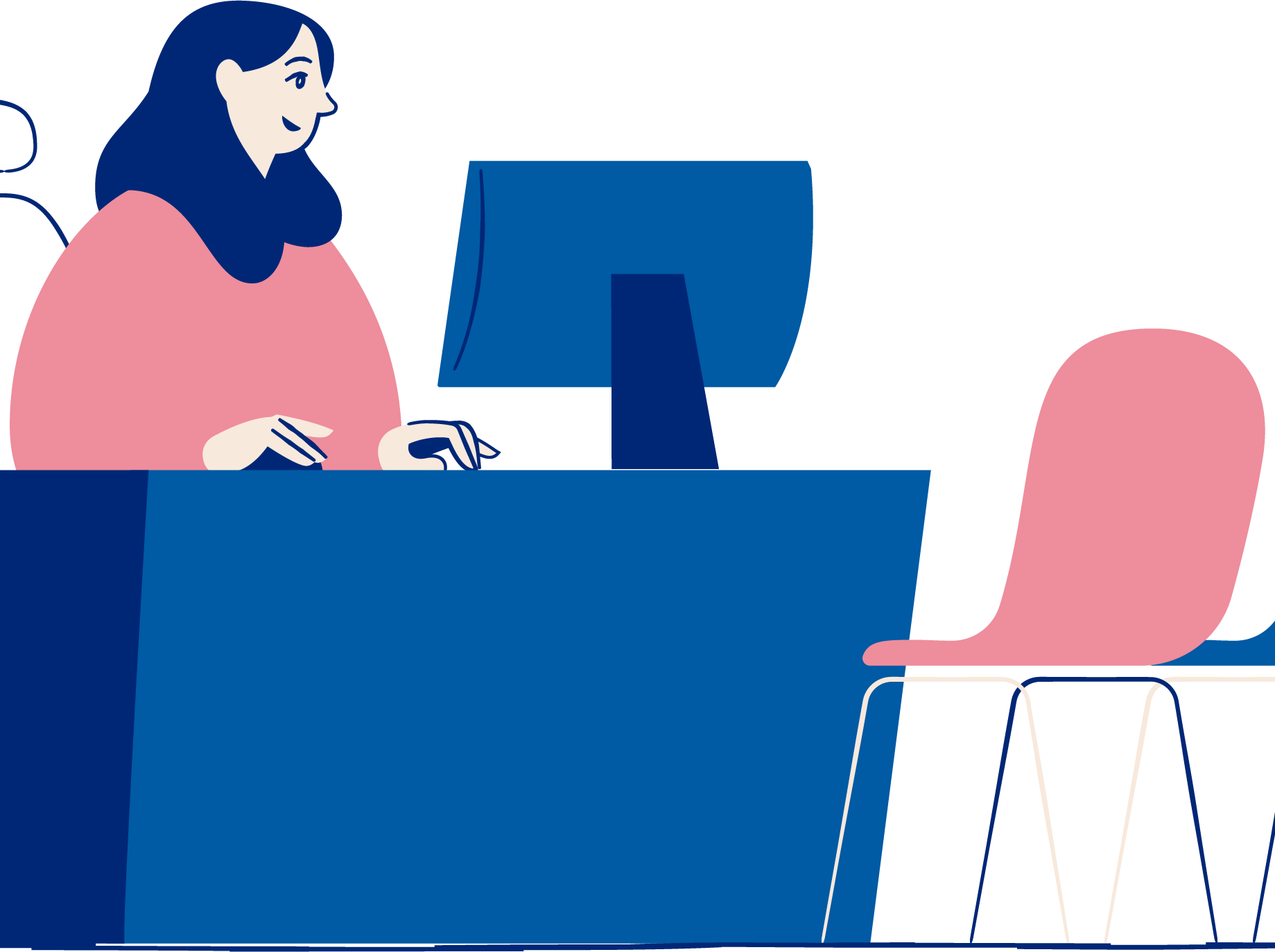 Illustrasjon av kvinne som sitter ved en pult og ser på en PC-skjerm. Foran pulten står det en stol.
