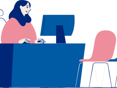 Illustrasjon av kvinne som sitter ved en pult og ser på en PC-skjerm. Foran pulten står det en stol.