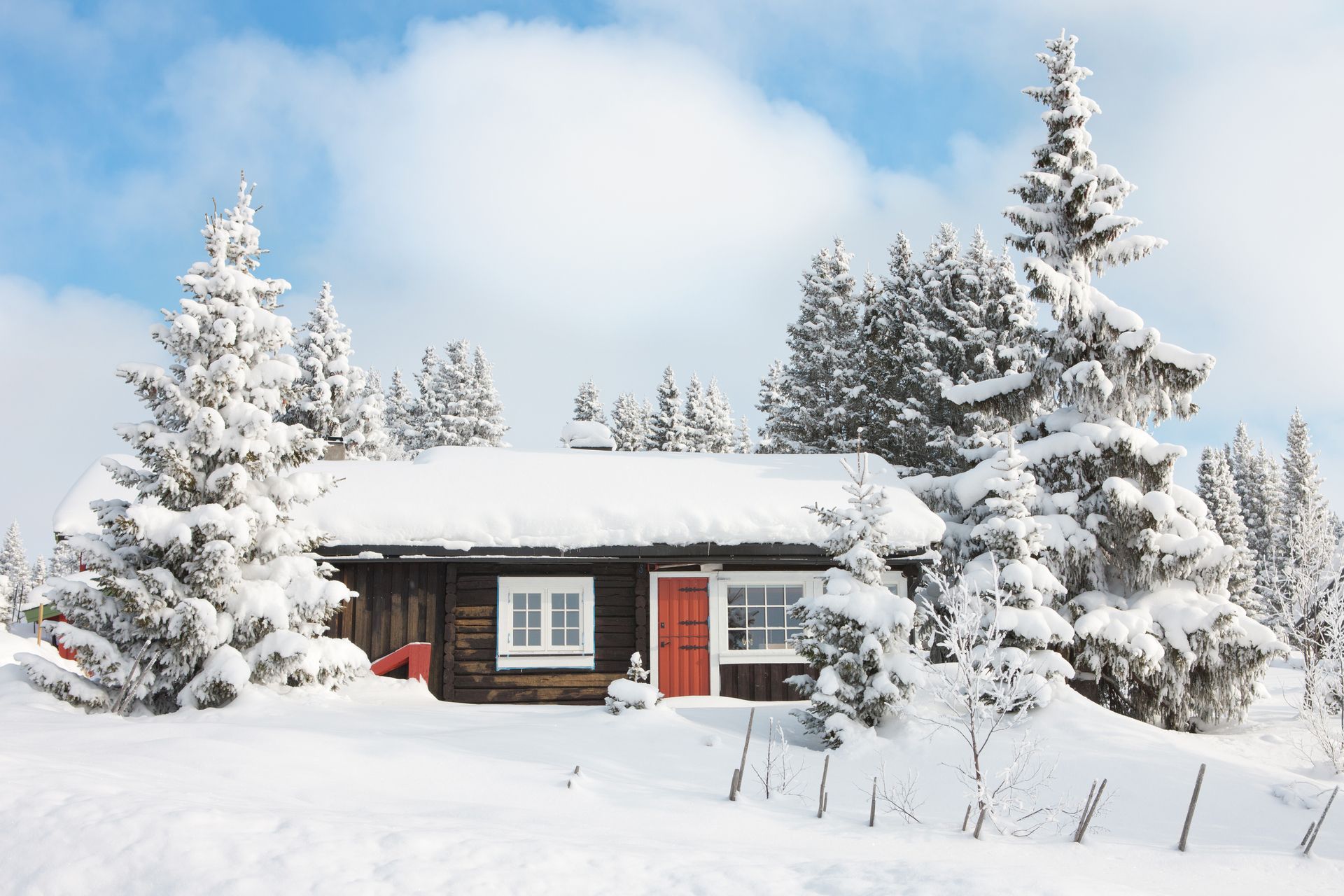Eldre hytte som ligger i en lysning i en skog, med masse snø på taket og på tunet. Foto.
