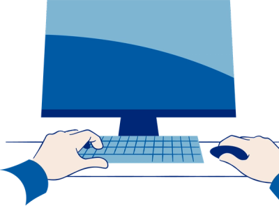 Illustrasjon av hender som skriver på tastaturet til en PC: I høyrehånden er det en mus.