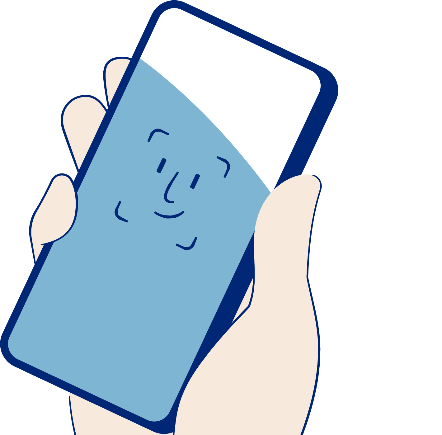Illustrasjon av en hånd som holder en mobiltelefon. På telefonen er det en illustrasjon av et smilende ansikt.