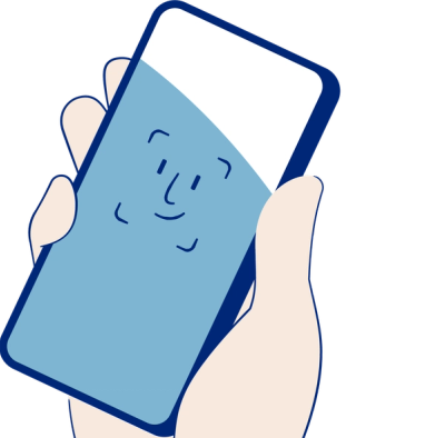 Illustrasjon av en hånd som holder en mobiltelefon. På telefonen er det en illustrasjon av et smilende ansikt.