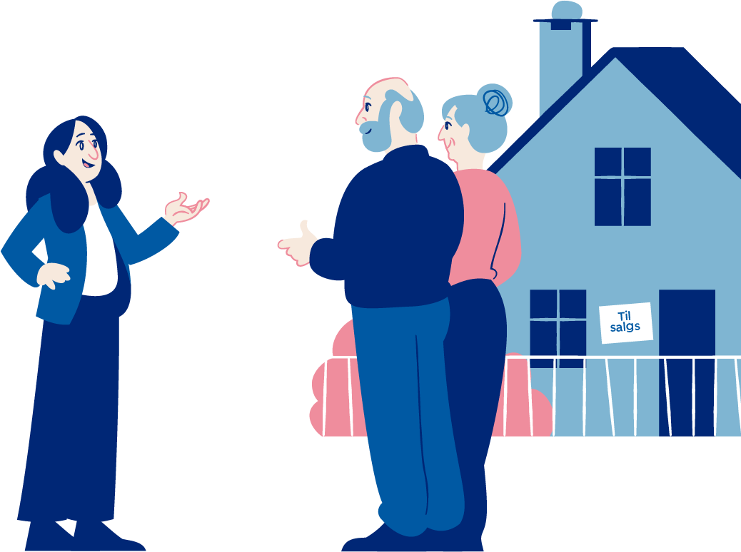 Illustrasjon av en megler som snakker med et eldra par. I bakgrunnen er det et hus med en "Til salgs"-plakat.