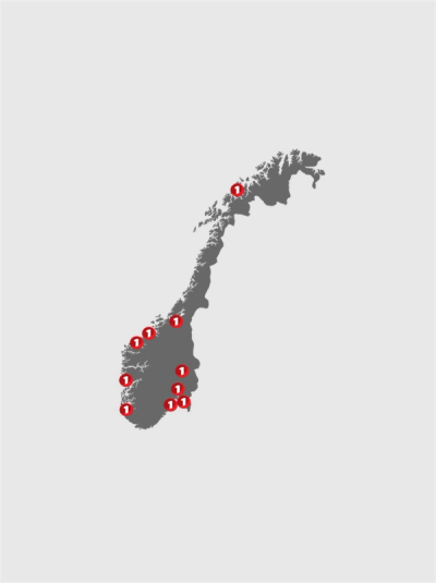 Illustrasjon av Norgeskart, markert med lokasjonene til EiendomsMegler 1s næringskontorer.