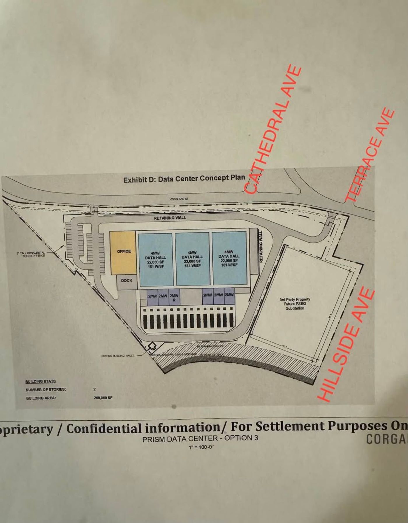 Exhibit D: Data Center Concept Plan, a site drawing showing three data halls, an office, a loading dock, generator banks and a future PSEG substation on the Kingsland Street parcel.