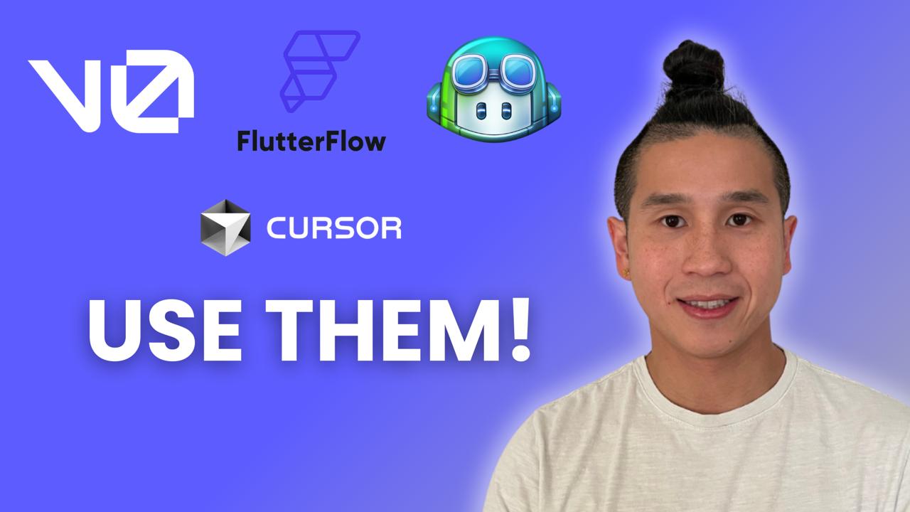 ALT text: "Visual representation of tools like GitHub Copilot, V0, Cursor, and FlutterFlow AI in action.