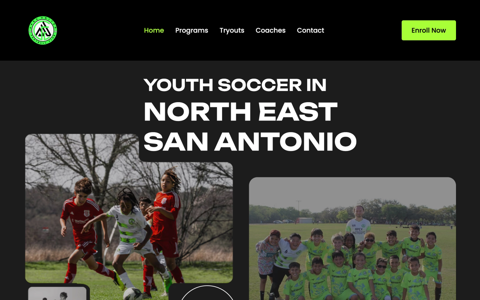 Apex United Football Club homepage — built from zero by ByteSimple