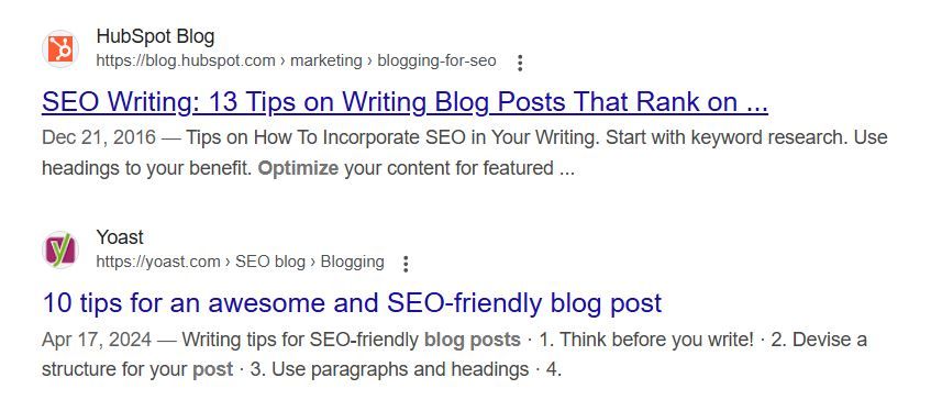 Screenshot showing a Google search result page with key SEO components like title tags, meta descriptions, and URL structure highlighted for demonstration purposes.