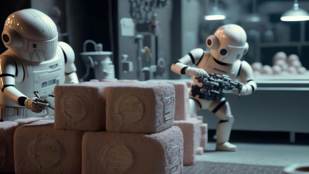 Robots are working in a futuristic soap factory