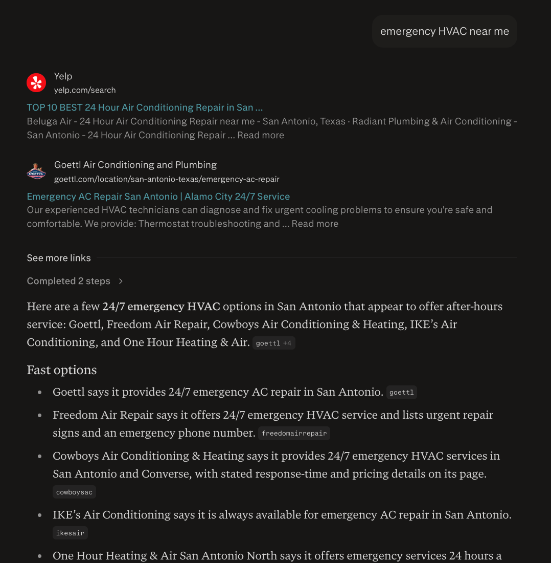 Perplexity cites Yelp's Top 10 list for 24 Hour Air Conditioning Repair in San Antonio as the primary source when asked about emergency HVAC services.
