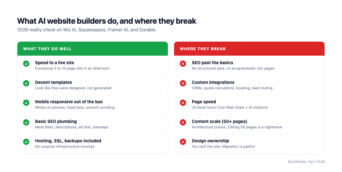 Comparison of what AI website builders do well in 2026 versus where they break. Strengths: speed to launch, decent templates, mobile responsive, basic SEO, included hosting. Weaknesses: SEO past basics, custom integrations, page speed, content scale, design ownership.