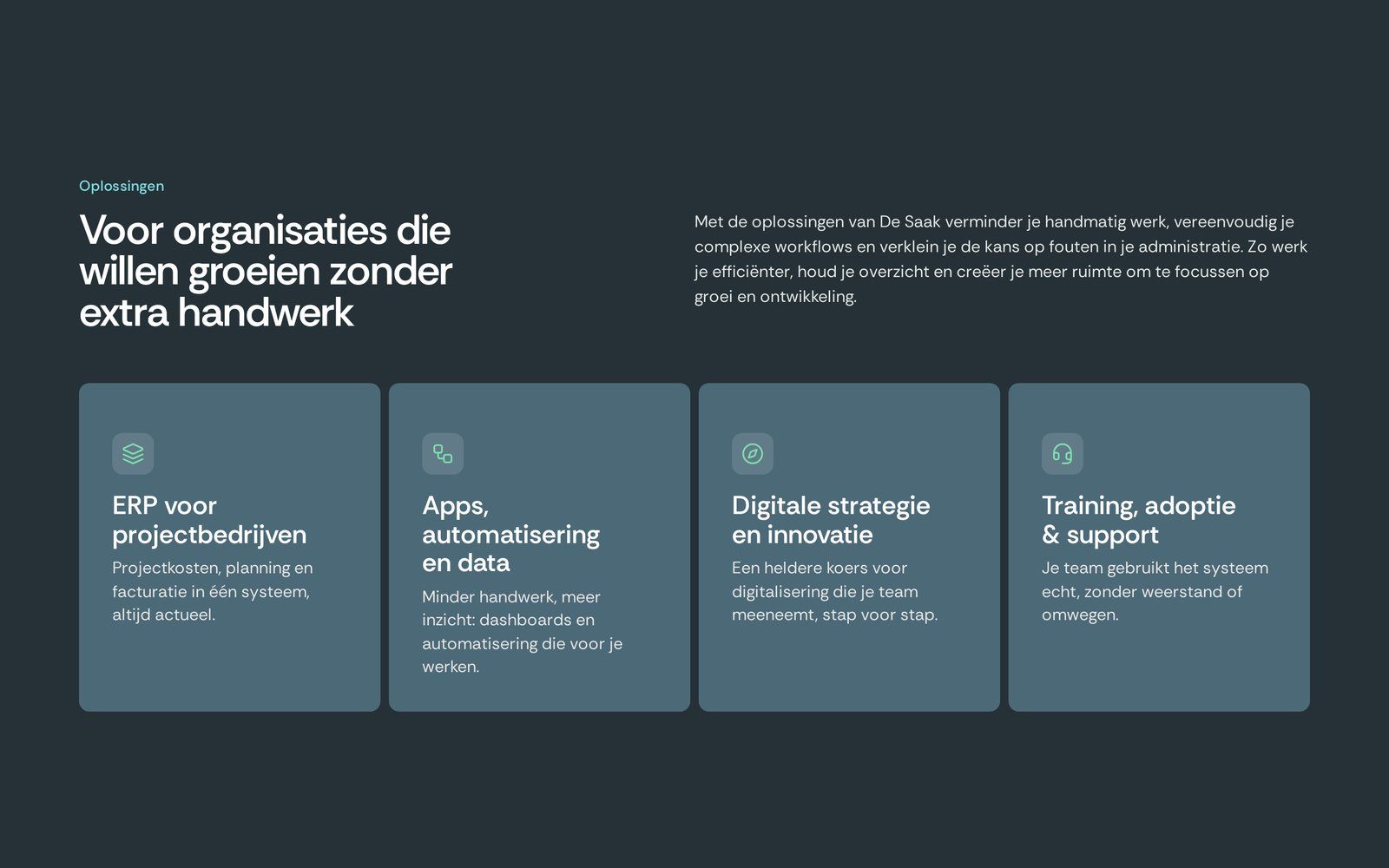 Four solution cards on the De Saak site: ERP for project companies, apps and automation, digital strategy, training and support