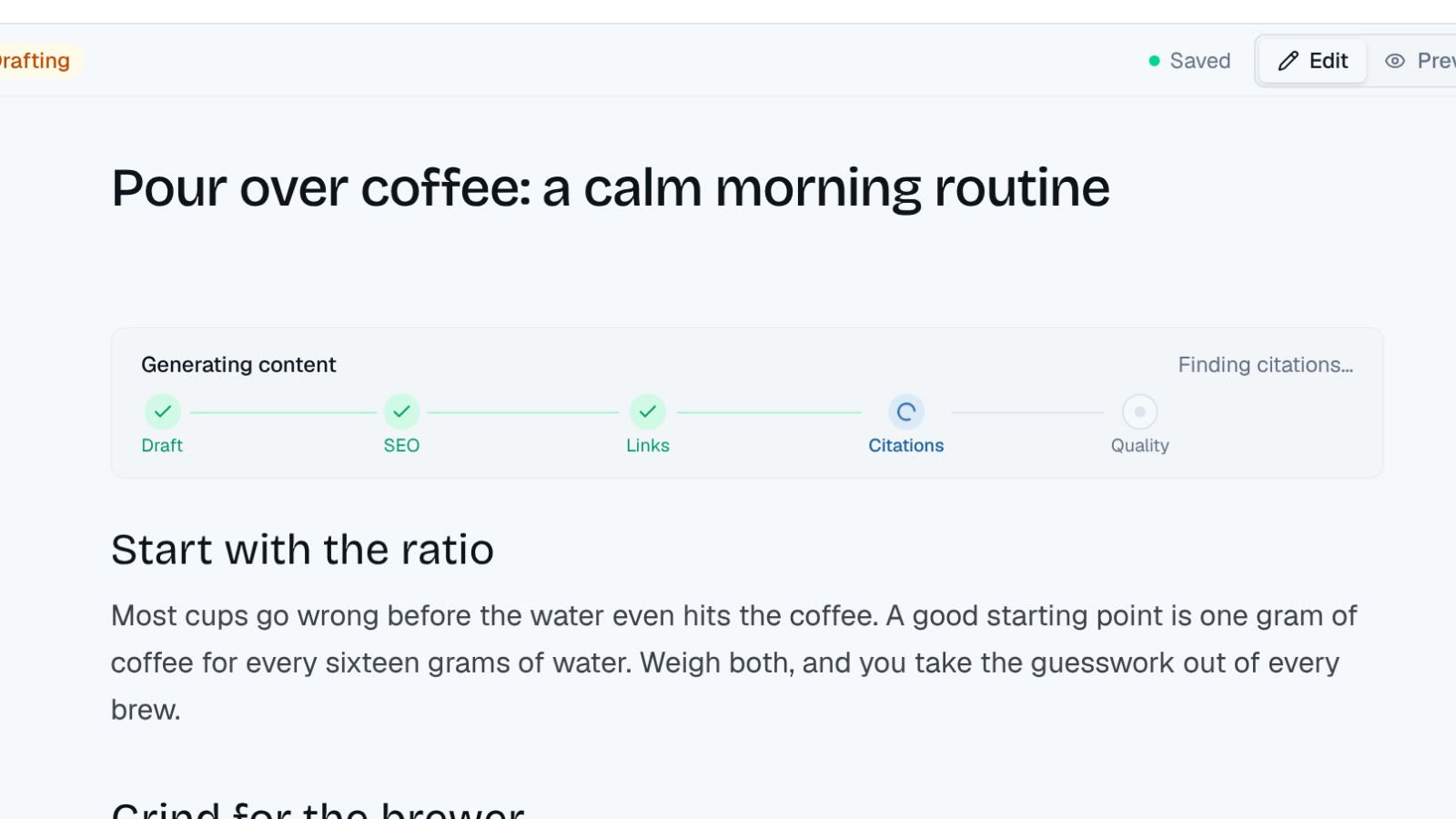 Orka editor: the generating panel ticks through draft, SEO, links, citations and quality, then the article is ready for review
