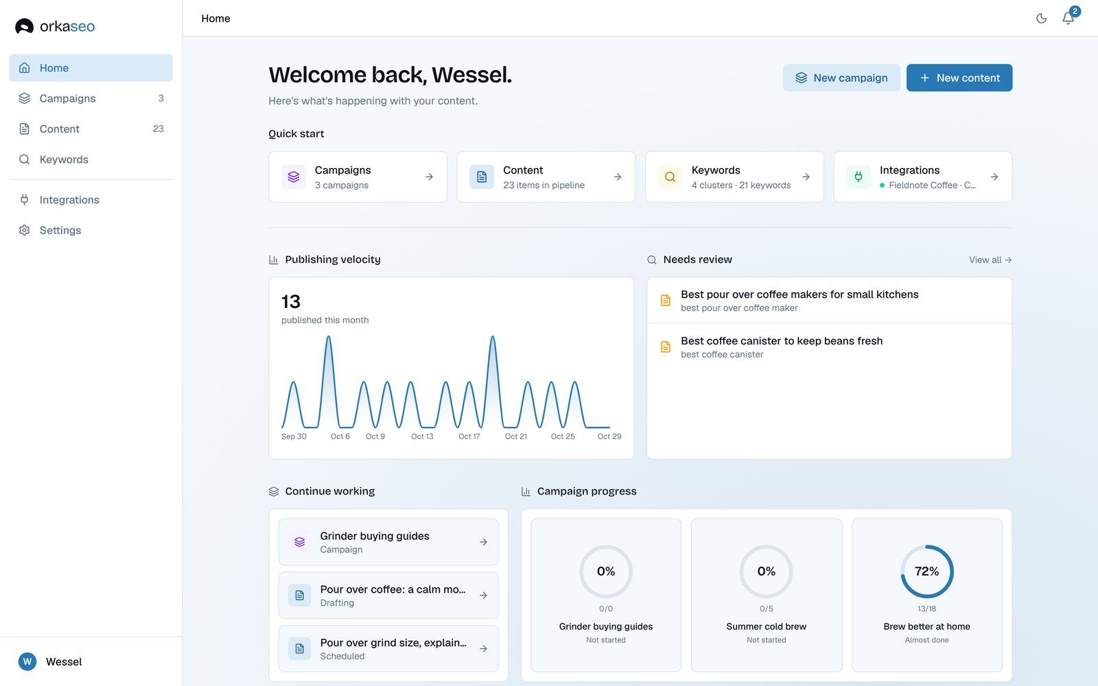 Orka home: publishing chart, articles that need review and progress per campaign