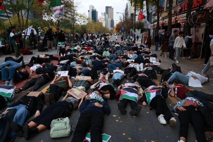 참가자들은 집회와 행진을 마친 후 팔레스타인에서 학살당하고 있는 사람들을 생각하며 '다이인(Die-In)' 퍼포먼스를 진행했다.