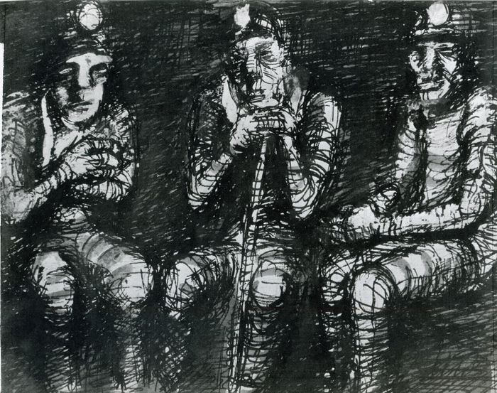 도미야마 다에코(富山妙子), 앉아 있는 세 명의 광부 | 座る3人の鉱夫, 리토그래프, 1955년