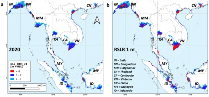 [Lowland elevation in central tropical Asia: 2020 (left) and a 1 meter sea level rise (right)]